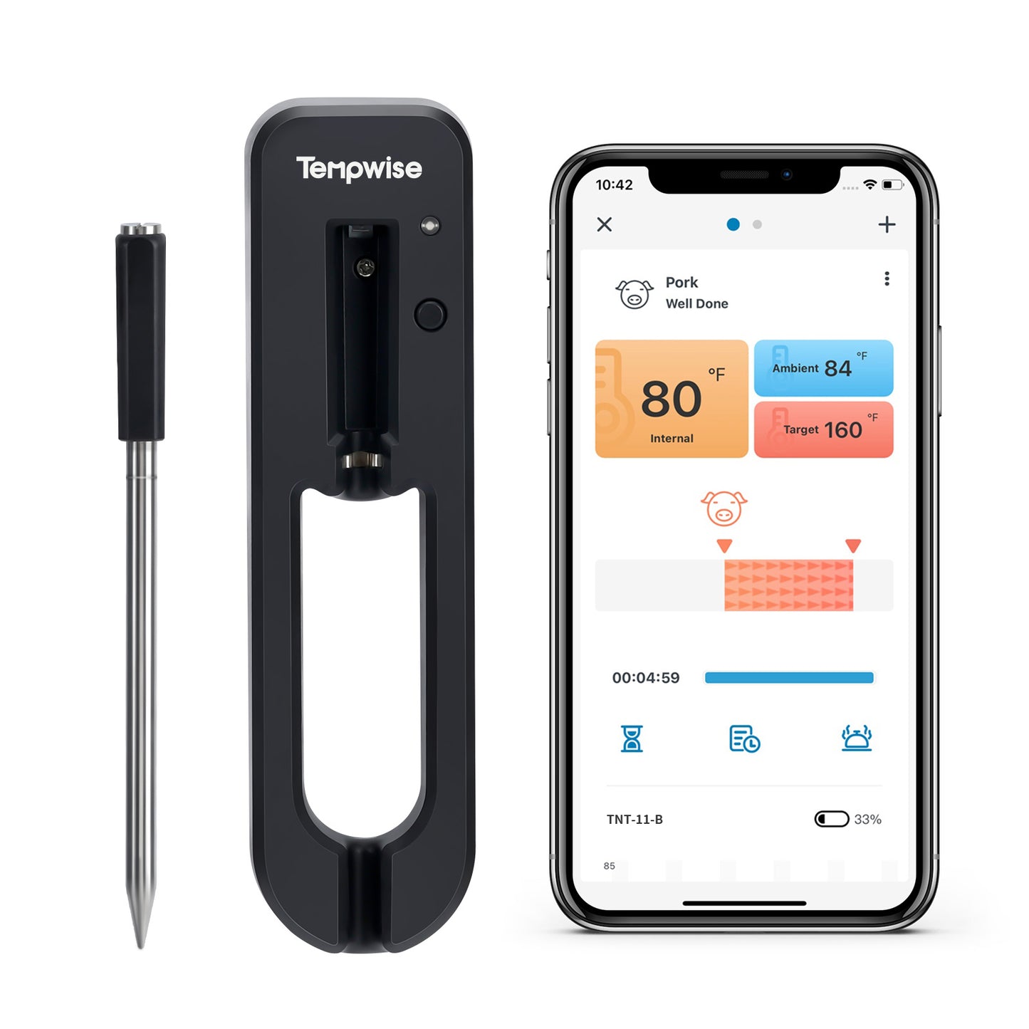 TEMPWISE MEAT THERMOMETER Truly Wire-free BBQ Thermometer, Bluetooth 5.0 Meat Thermometer for Oven, Smoker, Grill, Sous Vide, IP67 Waterproof, APP Control