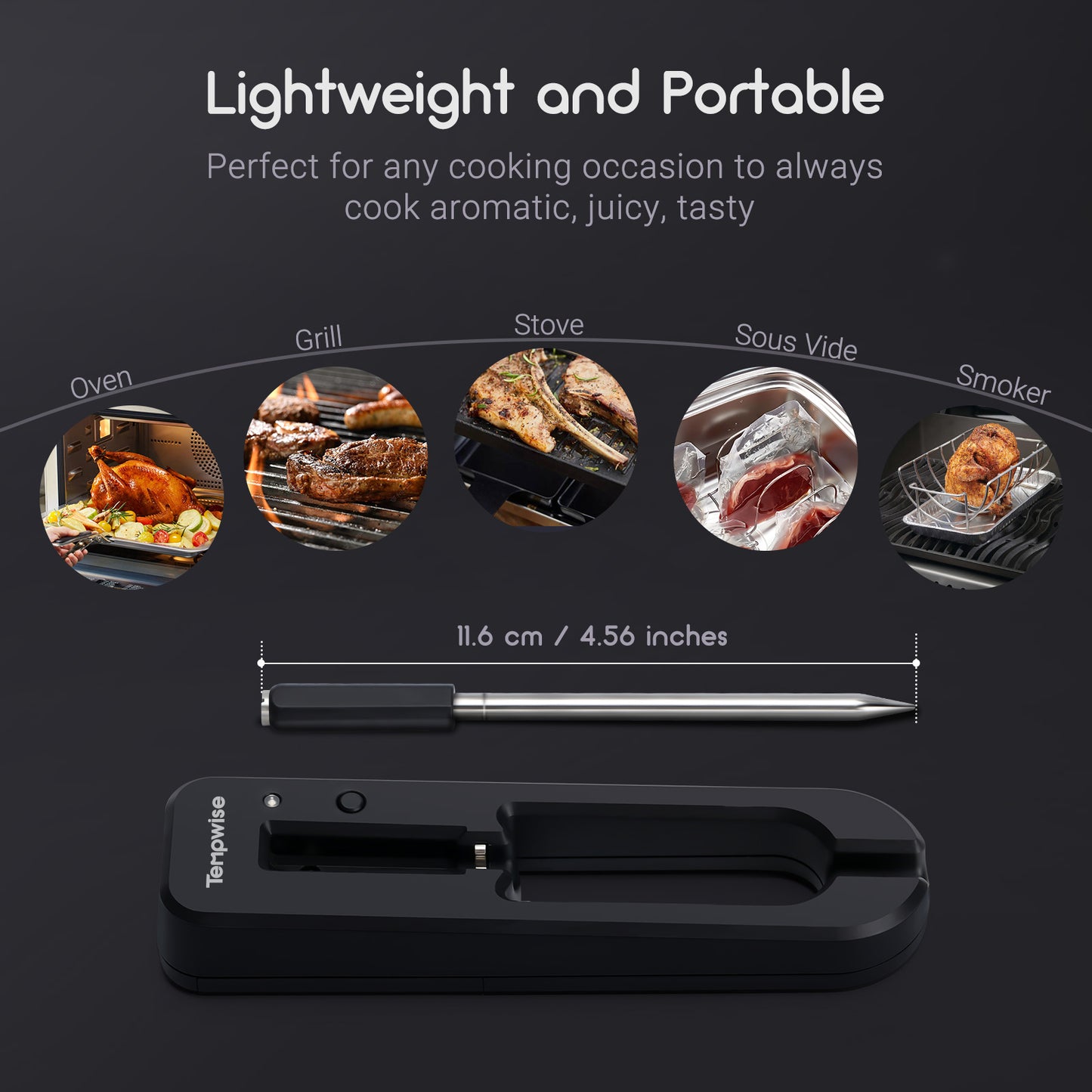 TEMPWISE MEAT THERMOMETER Truly Wire-free BBQ Thermometer, Bluetooth 5.0 Meat Thermometer for Oven, Smoker, Grill, Sous Vide, IP67 Waterproof, APP Control